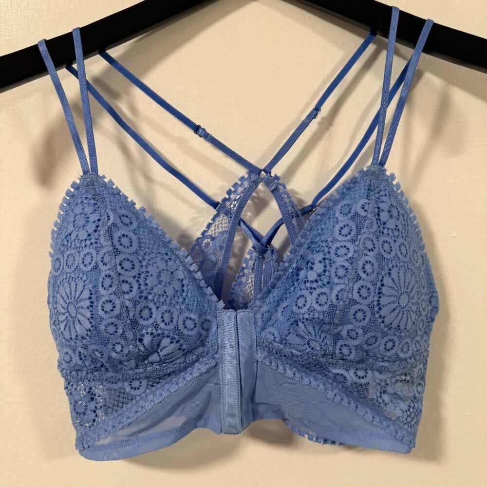 Aerie Blue Strappy Sexy Lace Racerback Longline Bralette Size S